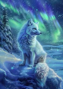 Arctic Fox Under Aurora Borealis