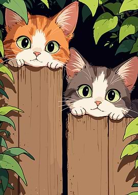 Two Cats Peeking Over Fence