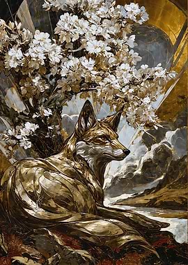 Golden Fox and Cherry Blossoms Art