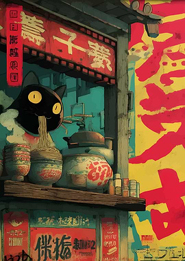 Cat eating noodles in Asian