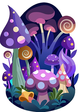 Colorful Mushroom Forest Illustration Metal Wall Print Art