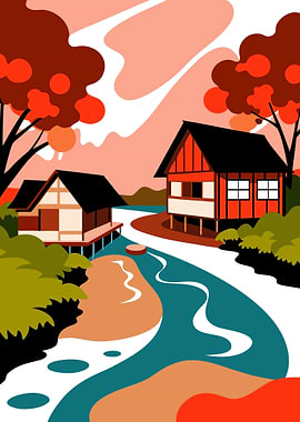 Japanese Style Rural Houses by River Landscape Illustration Metal Wall Print Art