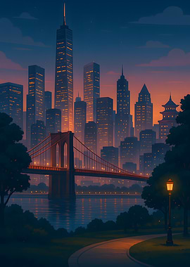 Cityscape at Dusk with Bridge