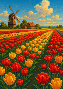 Tulip Field with Windmill and Farmhouse