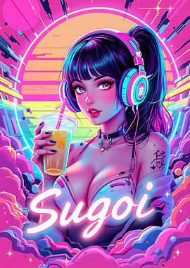 Anime Girl with Drink and Headphones