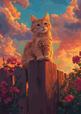 Ginger Cat on Fence at Sunset