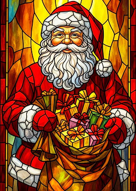 Stained Glass Santa Claus with Gifts