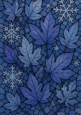 Blue Leaves and Snowflakes Pattern