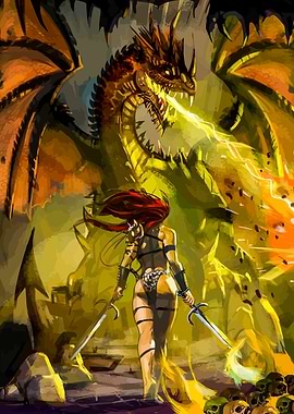 Warrior facing a dragon