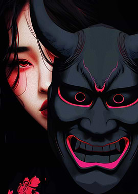 Woman with Oni Mask - Dark Japanese Horror