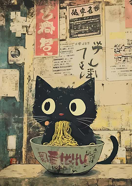 Black Cat in Ramen Bowl
