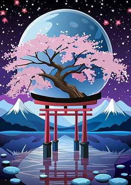 Cherry Blossom Japanese and Full Moon Mystical Torii Gate Landscape Metal Wall Print Art