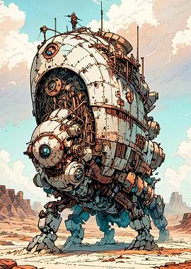 Steampunk Walker in Desert Landscape