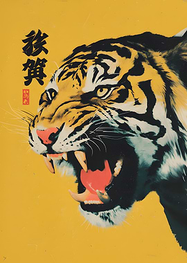 Roaring Tiger with Japanese Text