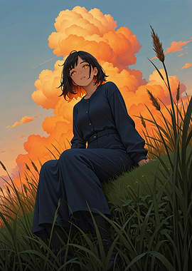 Anime Girl Sitting in Grassy Field