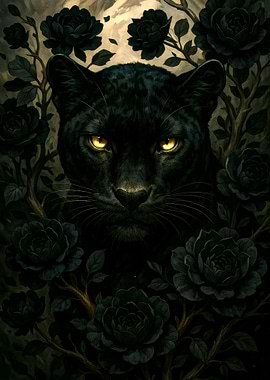 Black Panther Surrounded by Dark Roses