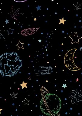 Cosmic Doodle Pattern on Black Background