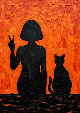 Silhouette Girl and Cat Painting