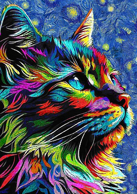 Colorful Cat Portrait in Starry Night Style