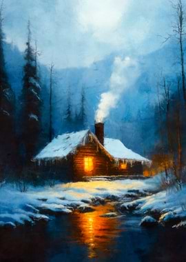 Winter Cabin by River Painting
