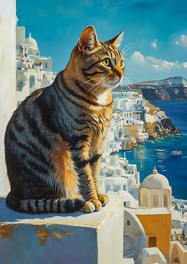 Cat overlooking Santorini