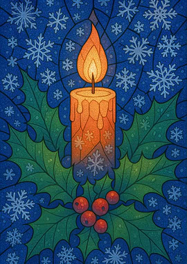 Christmas Candle with Holly and Snowflakes