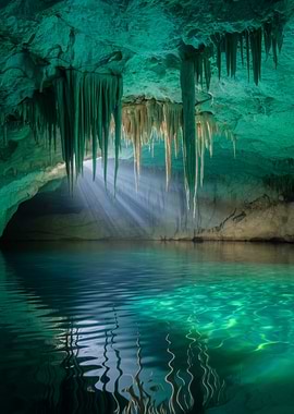 Underwater Cave with Stalactites and Light