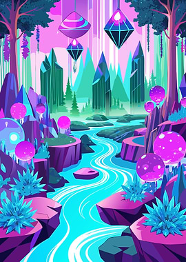 Stylized Fantasy Landscape with River Metal Wall Print Art