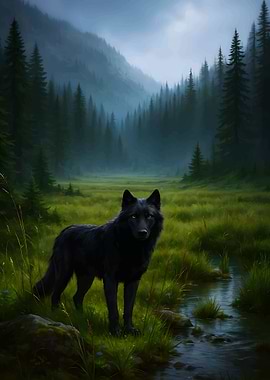 Black Wolf in Misty Forest