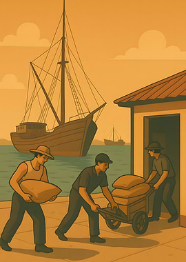 Dockworkers unloading cargo from ship