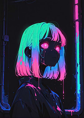 Neon Anime Girl with Dripping Paint