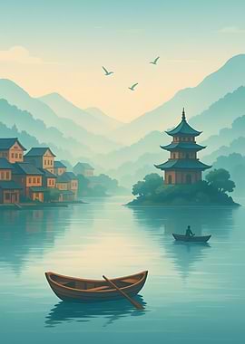 Serene Asian Landscape with Pagoda