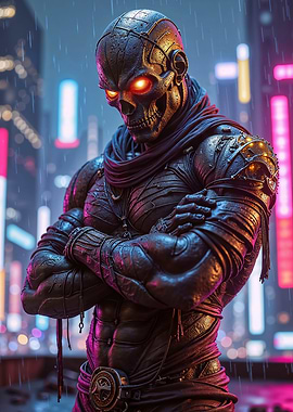 Cyberpunk Skull Warrior in Rainy City