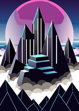 Abstract Mountain Cityscape with Pink Moon Metal Wall Print Art