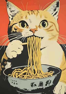 Cat Eating Ramen Noodles