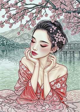 Japanese Serenity: Kimono Girl and Sakura Lake