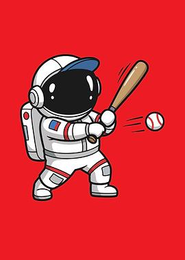 Astronaut playing baseball cartoon illustration