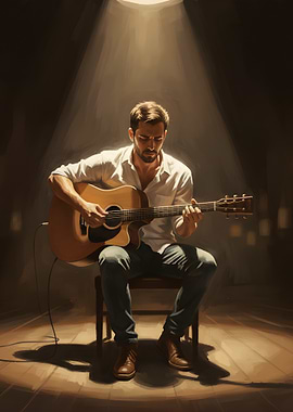 Man playing guitar under spotlight