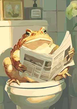 Frog Reading Newspaper on Toilet