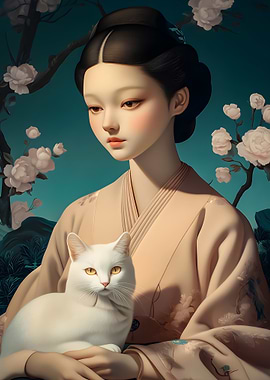 Asian Woman with White Cat Portrait