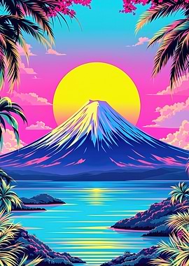 Vaporwave Mountain Landscape with Palm Trees