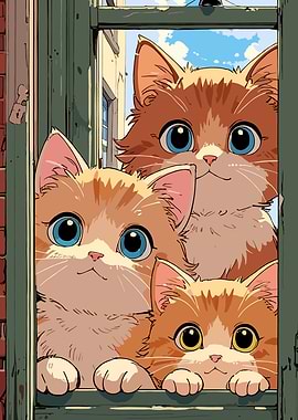 Three Cats Looking Out Window