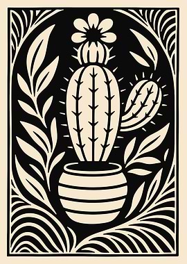 Cactus in Pot Black and Beige