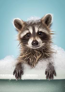 Raccoon in a bubble bath