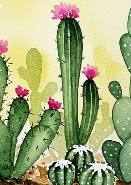Watercolor Cactus Garden with Pink Flowers