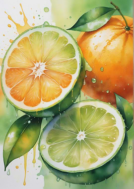 Watercolor Citrus Fruit Still Life