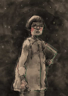 A Quiet Moment - Ink illustration of a toung girl carrying books