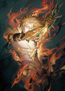 Fiery Warrior with Golden Sword