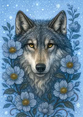 Wolf Portrait with Blue Flowers
