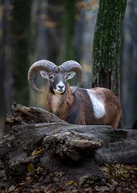 Majestic Mouflon Portrait in Forest Setting